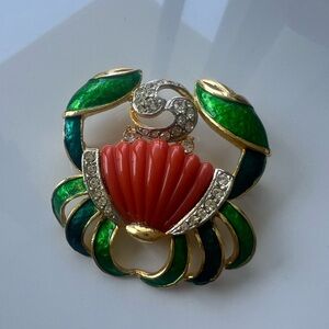 Vintage Signed DeNicole Enamel Jeweled Zodiac Cancer Crab Brooch